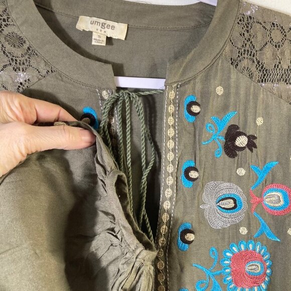 Womens Umgee V Neck Embroidered Tunic Dress Olive Green S Cotton Poly - Picture 4 of 9